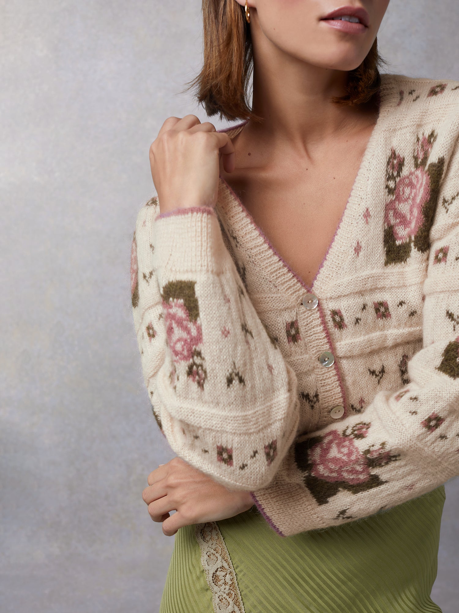 Cardigan in jacquard with ecru flower print | Rouje