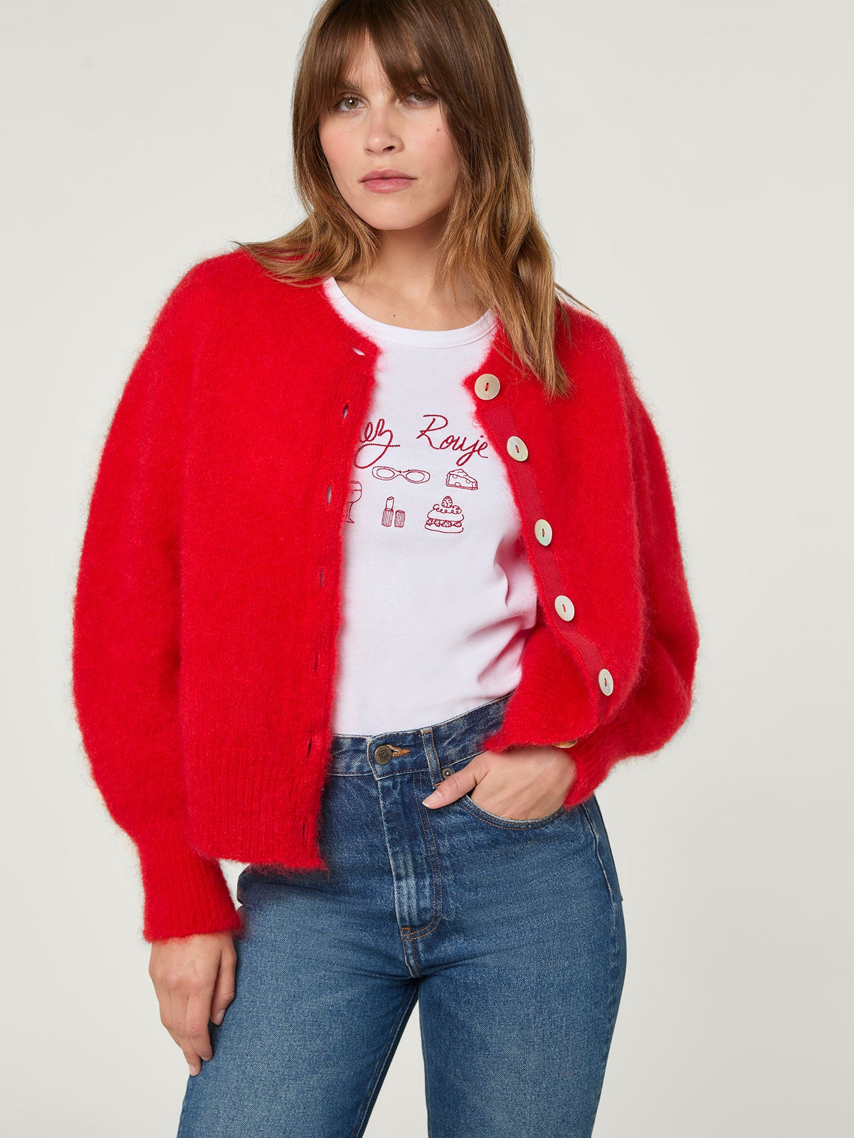 Red mohair long sleeve cardigan Rouje