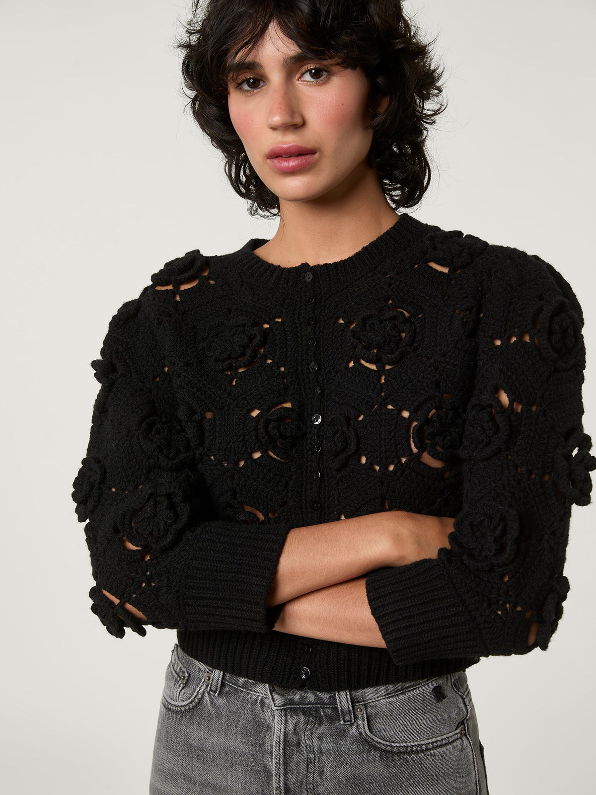 Black crochet cardigan sweater clearance